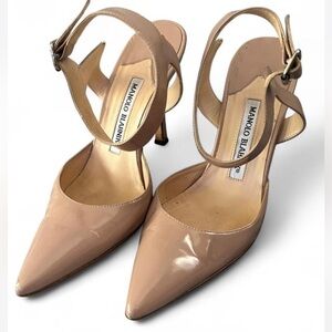 AUTHENTIC MANOLO BLAHNIK PATENT LEATHER ANKLE STRAP HIGH HEELS  37/6.5